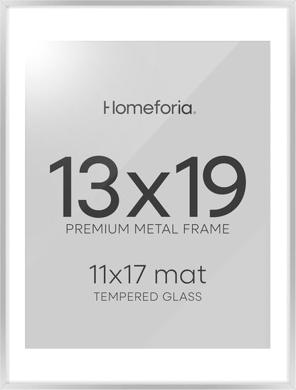 Homeforia 13 x 19 Frame Silver, High End Metal 13 x 19 Picture Frames with Mat 11 by 17 Photo, 13x19 Silver Poster Frame Matted to 11x17 Print, 19x13 Hanging Frames, Tempered Glass, Wall Kit, Set of 1