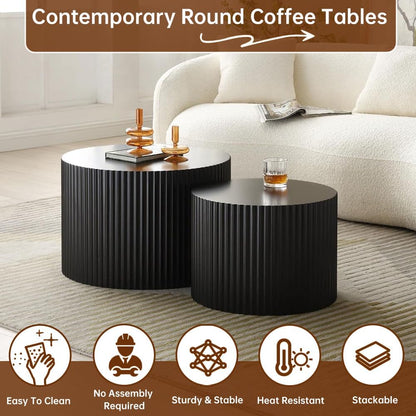 Black Nesting Coffee Table Set of 2 Modern Round Fluted Coffee Table Small Round End Table Side Table Circular Coffee Tables Circle Nested Coffee Tables for Living Room (Black Large)