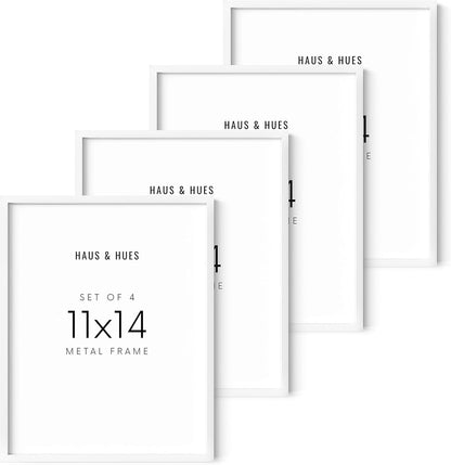 HAUS AND HUES Set of 4 Photo Frames 11x14 - Metal Picture Frames White Frames Gallery Wall, 11x14 Frame White Picture Frames Pack White Gallery Wall Frame Set of Frames (White Aluminum Frames)