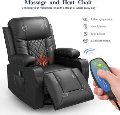 Recliner Chairs for Adults, FSC Certified Massage Rocker with Heated Modern Ergonomic Lounge 360 Degree Swivel Single Sofa Seat Living Room Lounge Recliners Black