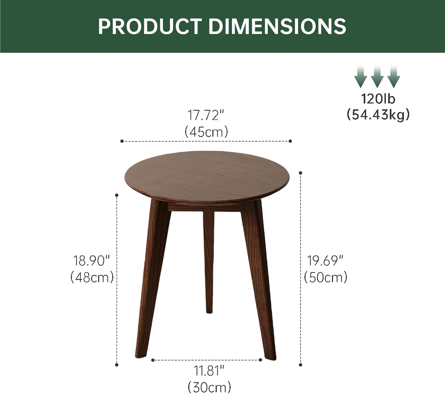 100% Solid Oak Round Side Table Set of 2, Small Bedside Table for Small Spaces, Living Room End Table with Stable Frame, Modern Nightstand for Bedroom Couch(Walnut, 17.71" D x 19.68" H)