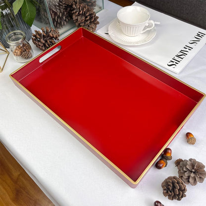 Red Decorative Tray, Rectangular Serving Tray with Handles, Plastic Coffee Table Tray for Ottoman, Living Room, Kitchen Tabletop, 15.6” x 10.2” x1.37”