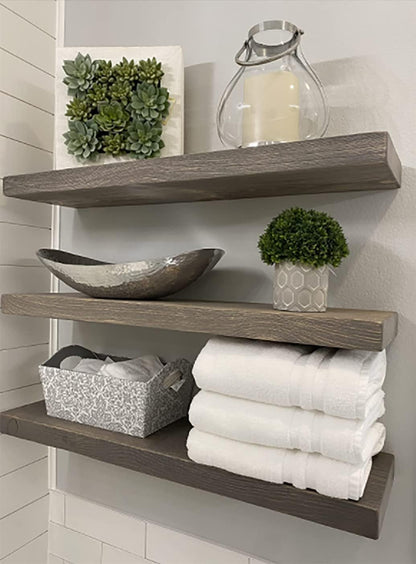 Joel's Antiques - 24 Inch Wooden Floating Shelves for Wall - 24x12x2 in - Made of Natural Wood - Short Deep Heavy Duty Rustic Wall Shelves for Bedroom - Perfect for Bathroom, Kitchen - Gray