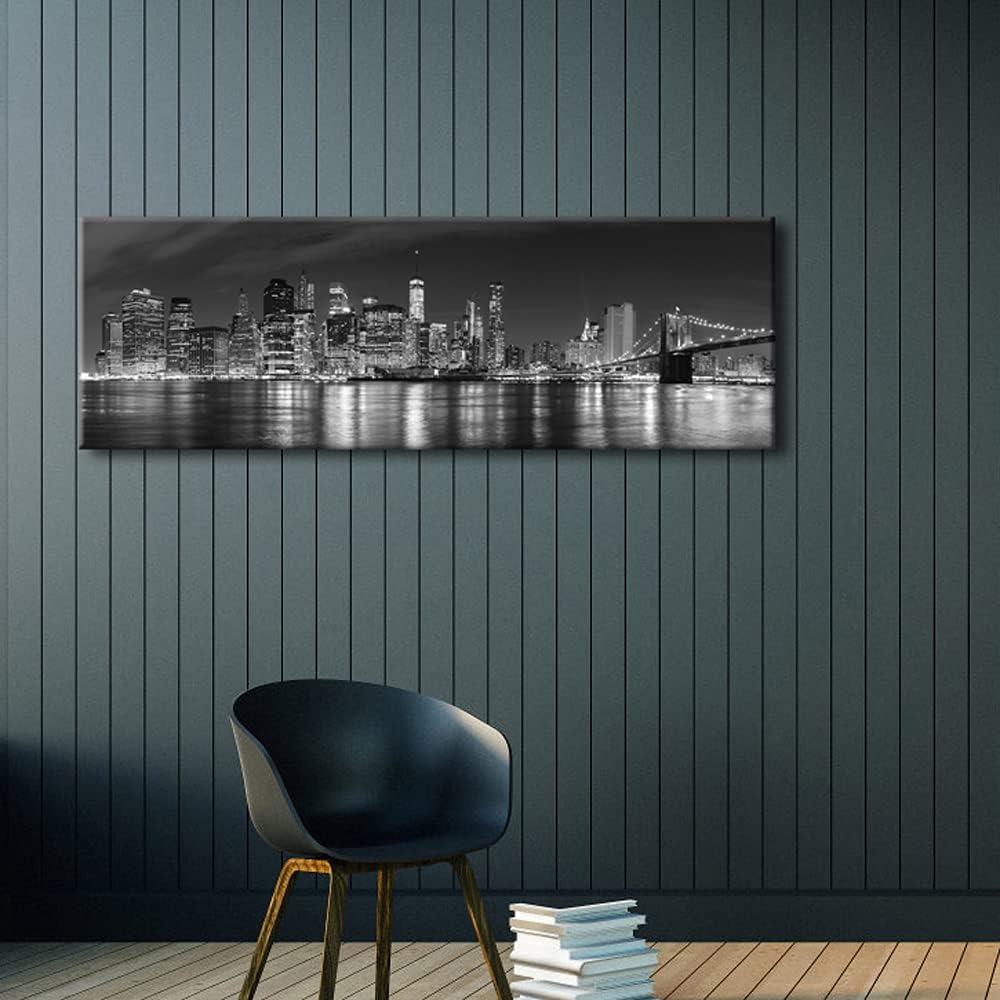 Wieco Art New York Manhattan Night View in Black and White Giclee Canvas Prints Modern Stretched and Framed Art work Cityscape Pictures Paintings on Canvas Wall Art for Bedroom Home Decorations