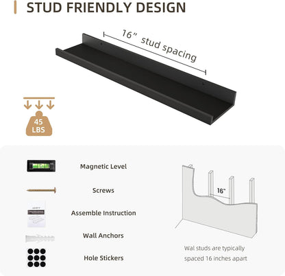 Picture Ledge Shelf, Wood Floating Shelves Set of 4, 24 inch Picture Ledge Shelves, Photo Ledge Nursery Book Shelves Wall Mounted for Living Room Kids' Room Bedroom, Color Black