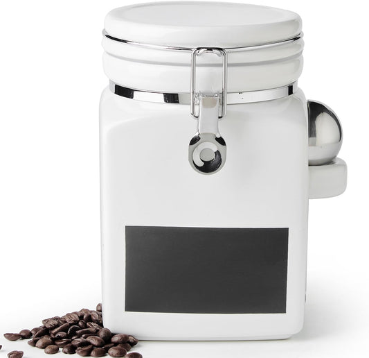 Ceramic Coffee Canister with Airtight Lid and Scoop, Large 78 Fl Oz / 2.3 L Kitchen Food Storage Container Jar for Grounds Coffee, Beans, Tea, Sugar, Flour, Cereal, Nuts, Cookie, White