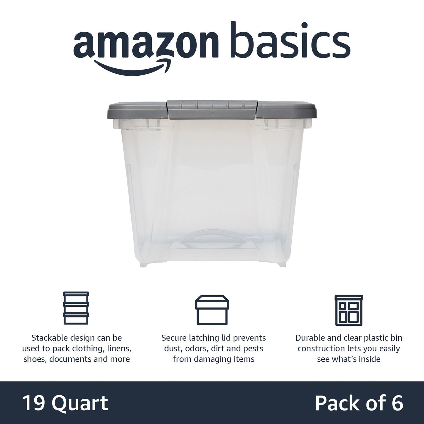 Amazon Basics Plastic Storage Containers with Secure Latching Lids, Stackable Organization Bins