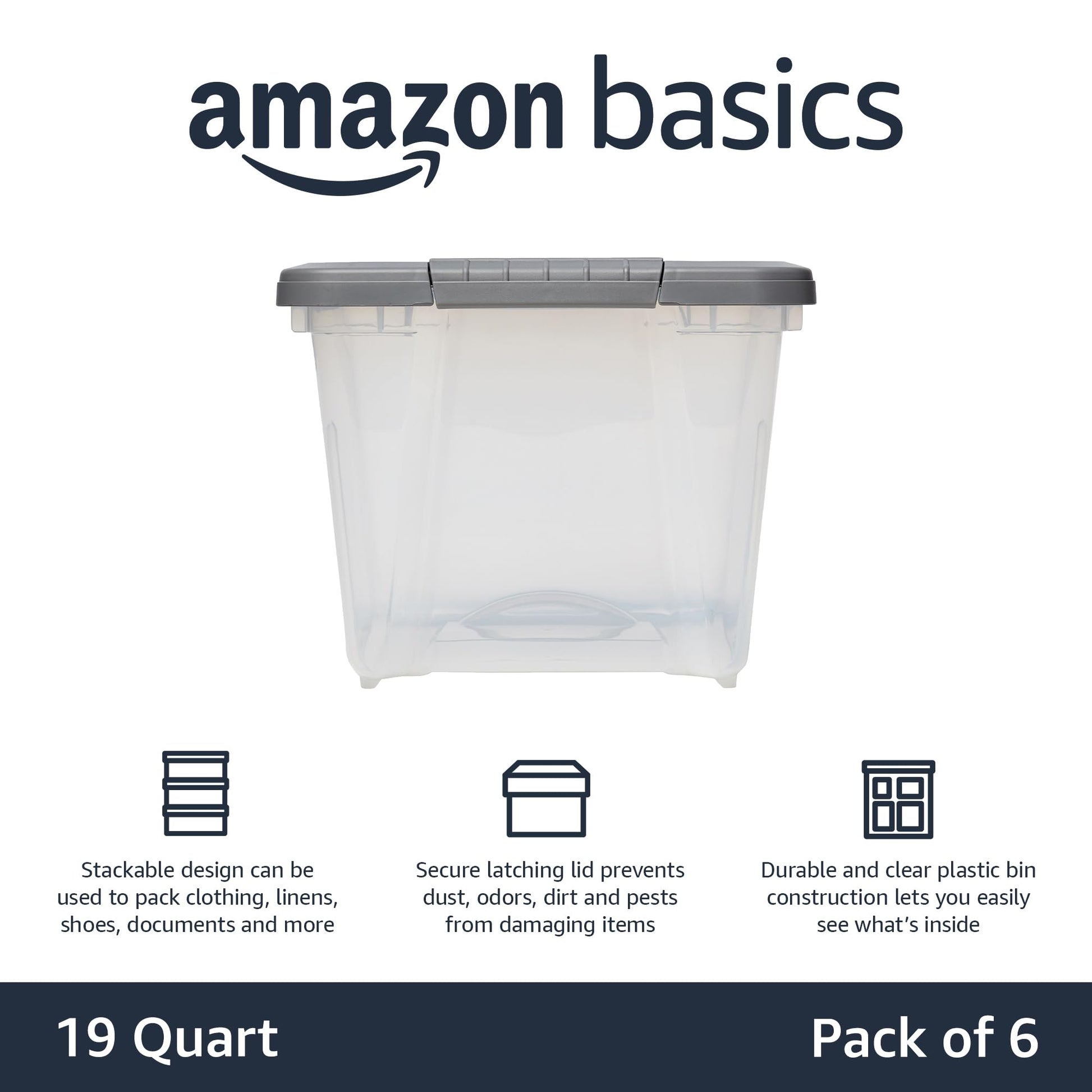 Amazon Basics Plastic Storage Containers with Secure Latching Lids, Stackable Organization Bins