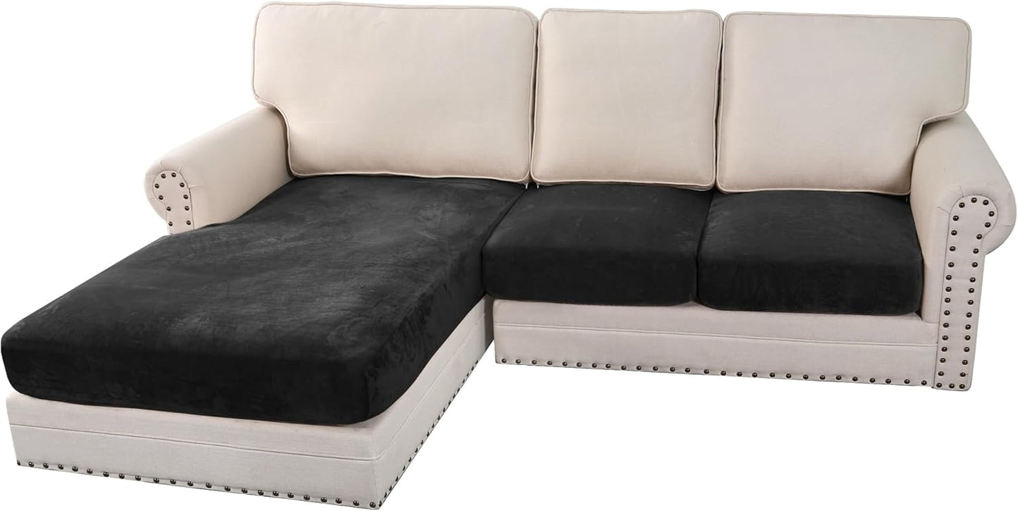 H.VERSAILTEX Velvet Stretch Sectional Couch Covers 3 Pieces Sofa Seat Cushion Covers L Shape Separate Cushion Couch Chaise Cover for Both Left/Right Couch (Large Sofa 2 Seater + 1 Chaise, Black)