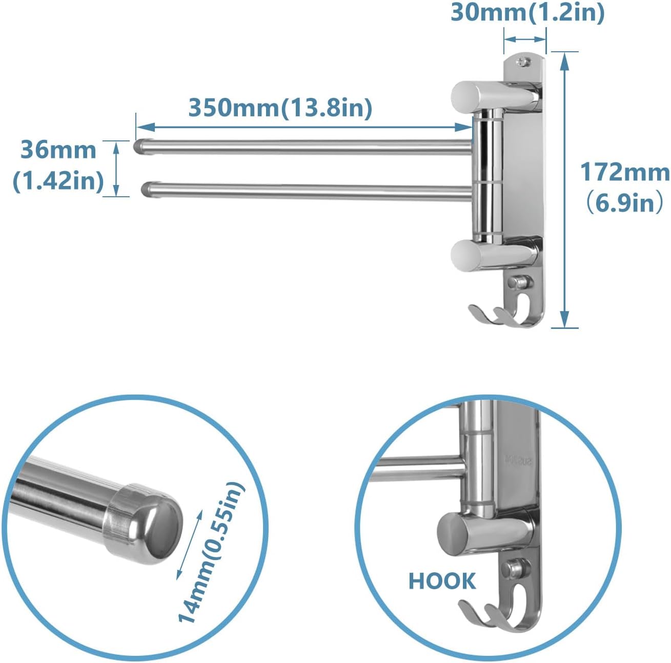 Bathroom Towel Holder JSVER 2 Arms SUS304 Stainless Steel Wall Mounted Towel Bar, Swivel Towel Racks for Bathroom, Kitchen