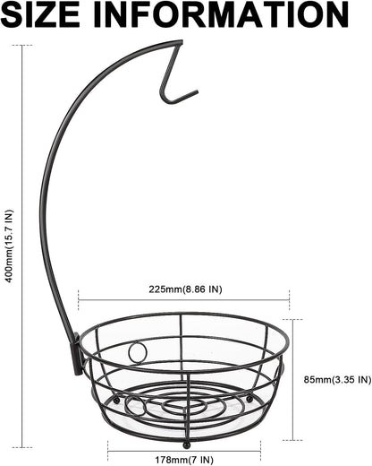 Livabber Countertop Fruit Basket Bowl with Banana Hanger, Modern Standing Fruit Vegetable Bowl Storage, with Banana Tree Holder for Kitchen Dinning Table (Round Metal, Black)