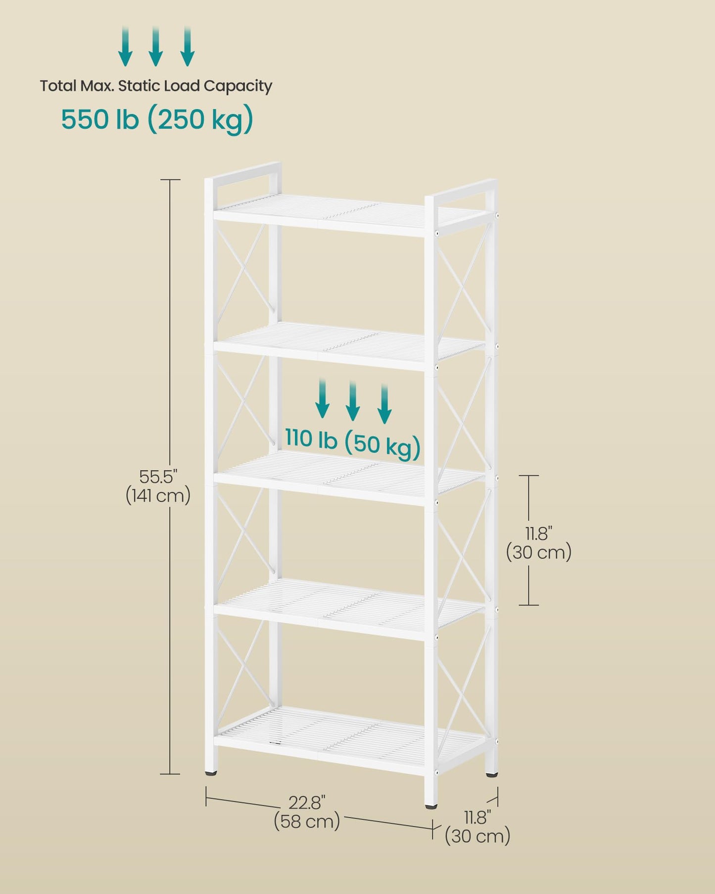 SONGMICS 5-Tier Metal Storage Rack, Shelving Unit with X Side Frames