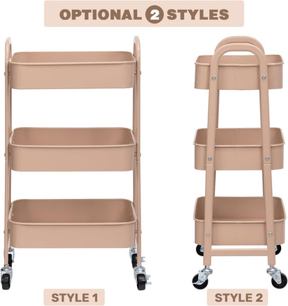 AGTEK Makeup Cart, Movable Rolling Organizer Cart, 3 Tier Metal Utility Cart with Lockable Wheels for Home & Office, Milk Tea