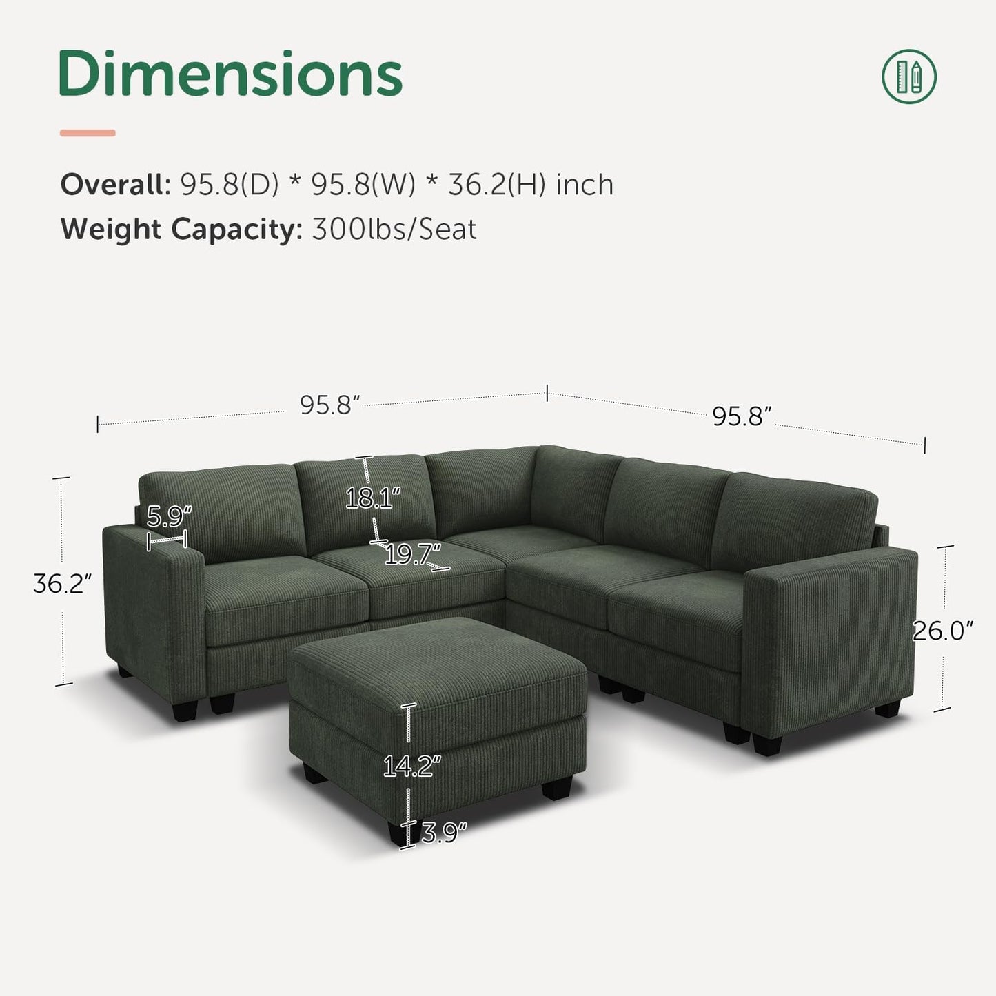 HONBAY Corduroy Modular Sectional Couch with Storage L-Shaped Sectional Couches for Living Room 6 Seater Modular Sofa, Green