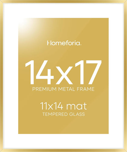 Homeforia 14x17 Picture Frame Gold, High End Metal 14x17 Poster Frames with Mat 11x14 Photo, 14 x 17 Gold Frames Matted to 11 by 14 Print, 17x14 Thin Hanging Frames, Tempered Glass, Wall Kit, Set of 1