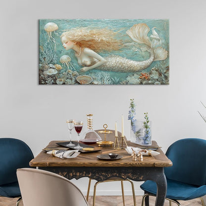 LASMOND Ocean Mermaid Wall Art for Girls Room Modern Canvas Prints Marine Organism Underwater World Sea Creatures Artwork Paintings Women Bedroom Wall Decor (40x20 Inches)