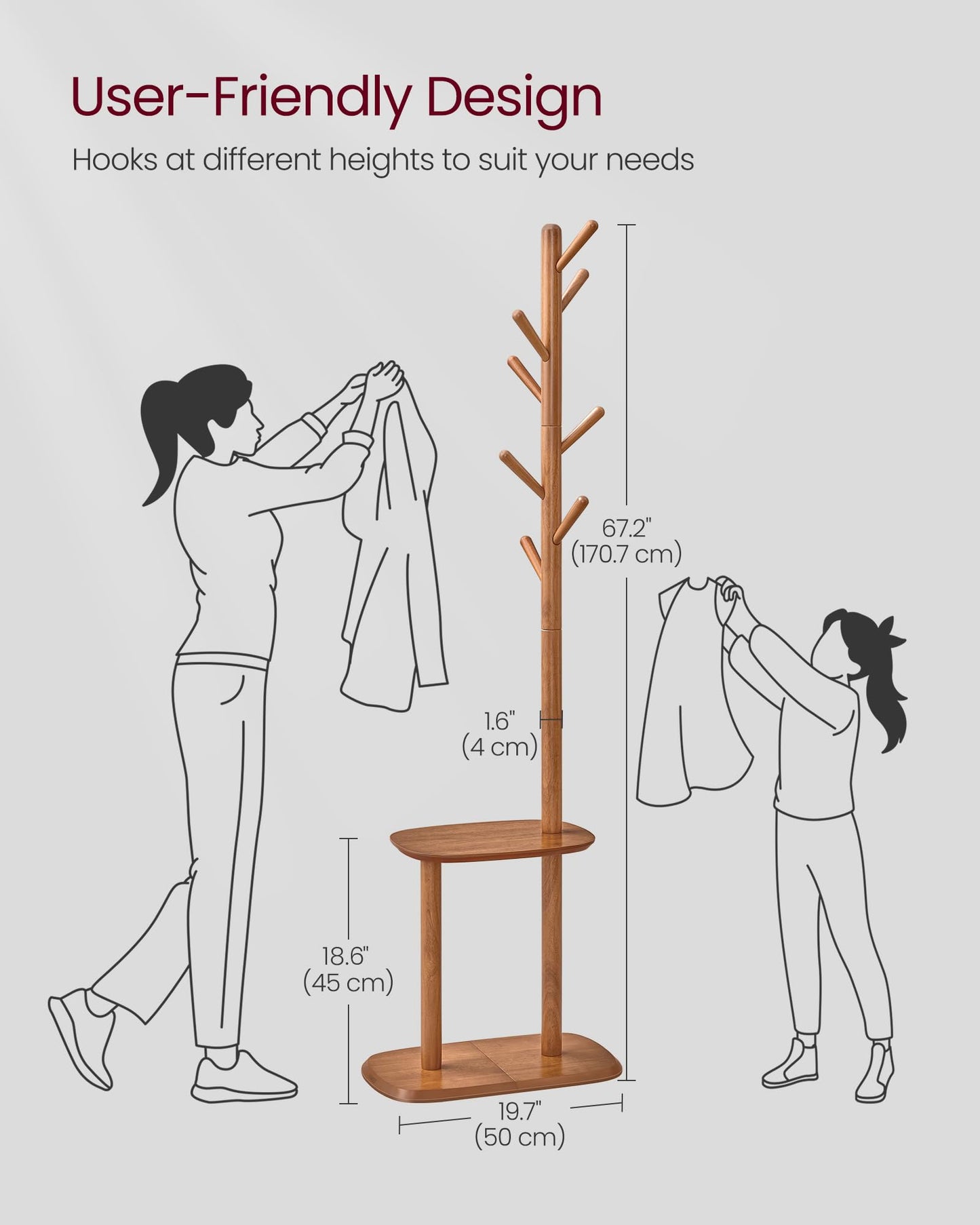 VASAGLE Coat Rack, Free Standing Coat Stand, Hall Coat Tree with 8 Hooks and Storage Shelf, 67.2