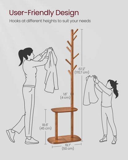 VASAGLE Coat Rack, Free Standing Coat Stand, Hall Coat Tree with 8 Hooks and Storage Shelf, 67.2