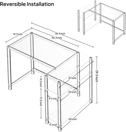 Eglaf Acrylic L-Shaped Desk - Clear Desk with Reversible Storage Shelves - Modern Home Office Desk Corner Desk for Study, Writing, Rectangular Legs, Easy Assembly, 39.4" L x 27''W x 29.5" H