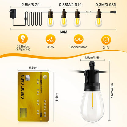 Outdoor String Lights Patio LED Light Outside - 60M 58+2 S14 LED Dimmable 200ft Porch Lighting IP65 Waterproof