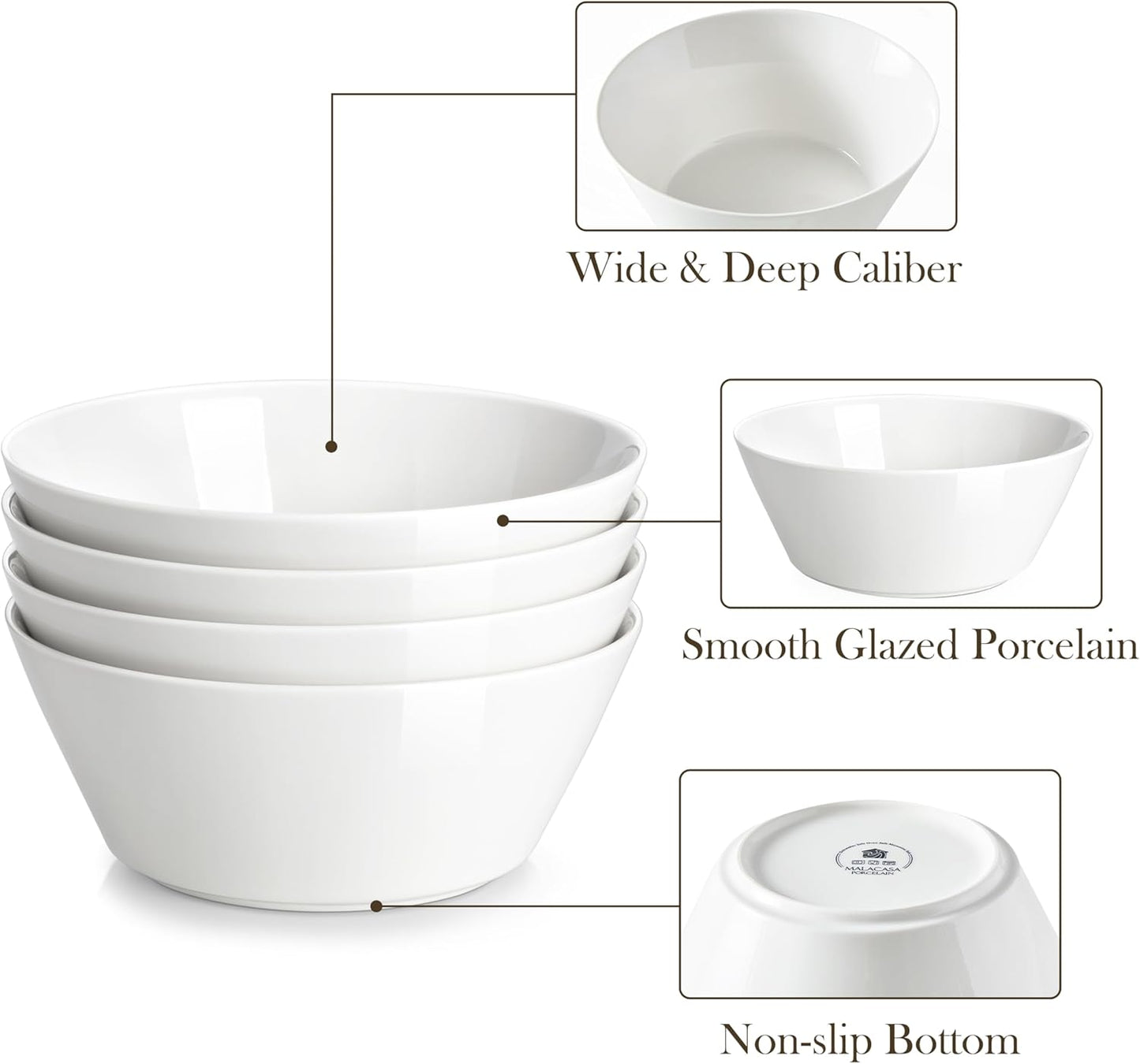 MALACASA 35 OZ Soup Bowls, White Porcelain Bowls Set of 4, Deep Bowls for Kitchen, Large Ceramic Bowls for Soup, Cereal, Salad, Ramen and Fruit, Dishwasher & Microwave Safe, Series Regular