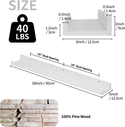 SAUMONIERES Picture Ledge Shelf Floating Book Shelves Set of 2 Wall Mounted Solid Wood for Bedroom Bathroom Living Room Kitchen, 36 Inch White