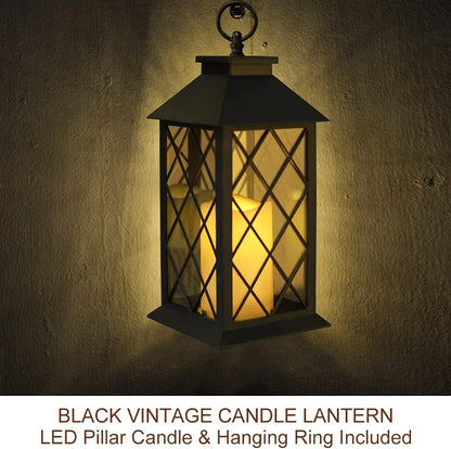 Bright Zeal 13.5" Black Vintage Candle Lantern with LED Pillar Candle and Timer - IP44 Waterproof Porch Light - Tabletop Lantern Decorative Outdoor