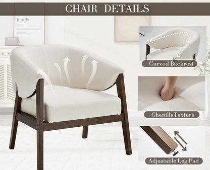 Mid-Century Modern Accent Chairs Set of 2, Comfy Barrel Armchairs with Wide Seat, Upholstered Lounge Chairs with Walnut Wood Legs for Living Room/Bedroom/Reading Corner, Chenille, Beige