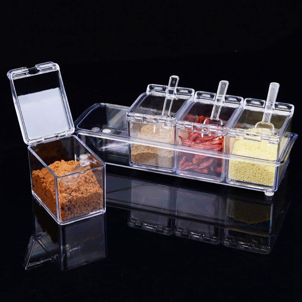 Clear Seasoning Box - 4 Piece Acrylic Spice Storage Container storage Tool for Kitchen Herb Spice Tools Gadgets-Cruet with Lid and Spoon