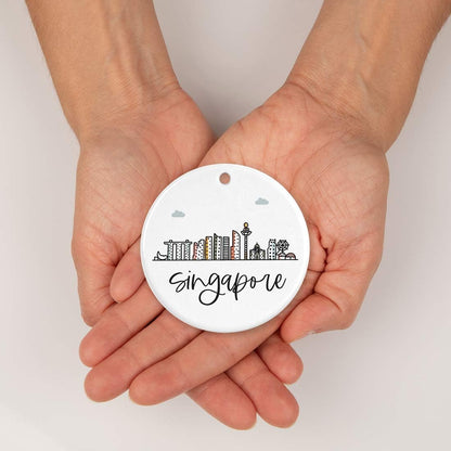 Andaz Press Round Ceramic Porcelain Christmas Tree Ornament Keepsake Gift, Singapore, Colorful International City Skyline Graphic, 1-Pack, Birthday Ideas Family Coworker Him Her, Gift Box