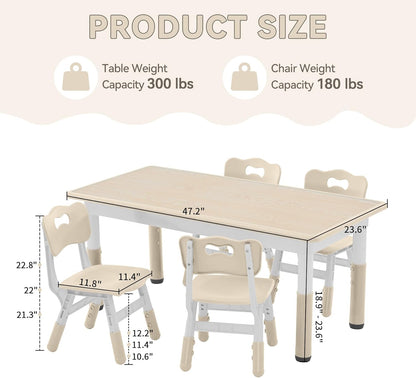 Kids Study Table and Chairs Set, Height Adjustable Toddler Table and Chair Set for Kids Ages 3-8, Graffiti Desktop (Burlywood - 2)