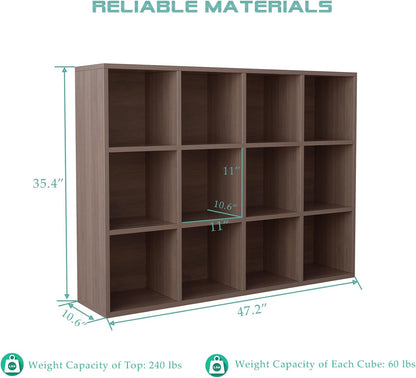 12-Cube Storage Shelf Bookcase - Wooden 3-Tier Floor Standing Open Bookshelf for Home and Office, Cuby Orgainzer, Walnut