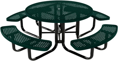 Heavy-Duty Portable Outdoor Kids Table with Umbrella Hole, Punched Steel Kids Picnic Table, Commercial-Grade, Made in America (46 in, Round, Childrens, Textured Dark Green)