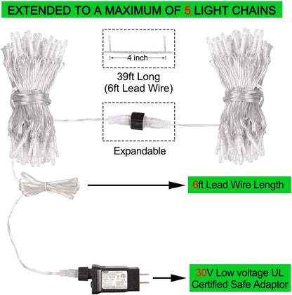 33FT 100 LEDs String Lights Waterproof Fairy Lights 8 Modes with Memory 30V UL Certified Power Supply for Home, Garden, Wedding, Party, Christmas Decoration Indoor Outdoor (Multicolor)