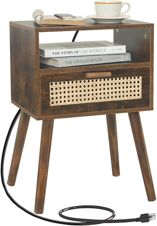 MaxSmeo Small Nightstand with Charging Station, Rattan Side Table Mid Century Modern Bedside Table