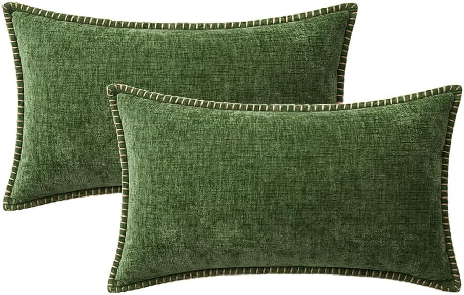 MIULEE Pack of 2 Christmas Pillow Covers 12x20 Inch Moss Green Farmhouse Decorative Throw Pillow Covers with Stitched Edge Soft Chenille Solid Dyed Couch Pillow Covers for Sofa Bed Living Room