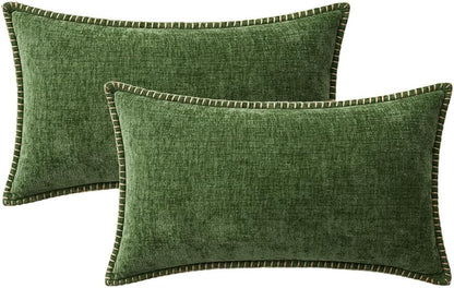 MIULEE Pack of 2 Christmas Pillow Covers 12x20 Inch Moss Green Farmhouse Decorative Throw Pillow Covers with Stitched Edge Soft Chenille Solid Dyed Couch Pillow Covers for Sofa Bed Living Room
