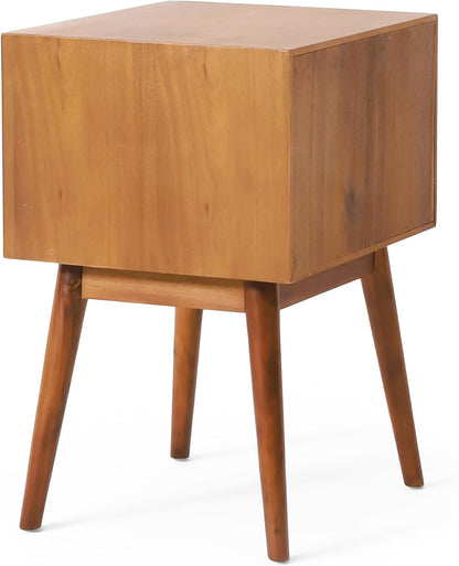 Christopher Knight Home Mid-Century Nightstand, Acacia Wood Nightstand Side Table, Accent Bedside End Table with Solid Wood Legs for Bedroom, Dorm and Small Spaces,White + Natural Oak