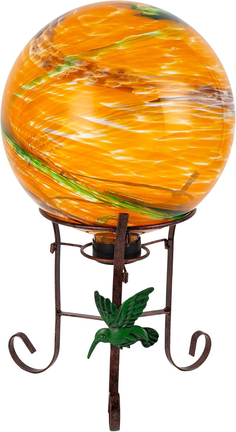 10 Inch Glass Gazing Ball, with 9.4" Tall Metal Gazing Globe Stand, Glass Balls Display Holder Set for Outdoor Garden Lawn Yard Decoration, Sunset Sky