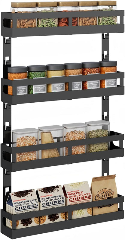 4-Tier Small Wall Mounted Spice Rack Organizer, Hanging Spice Shelf for Cabinet or Pantry, Height-Adjustable Seasoning Holder for Kitchen Storage, Black