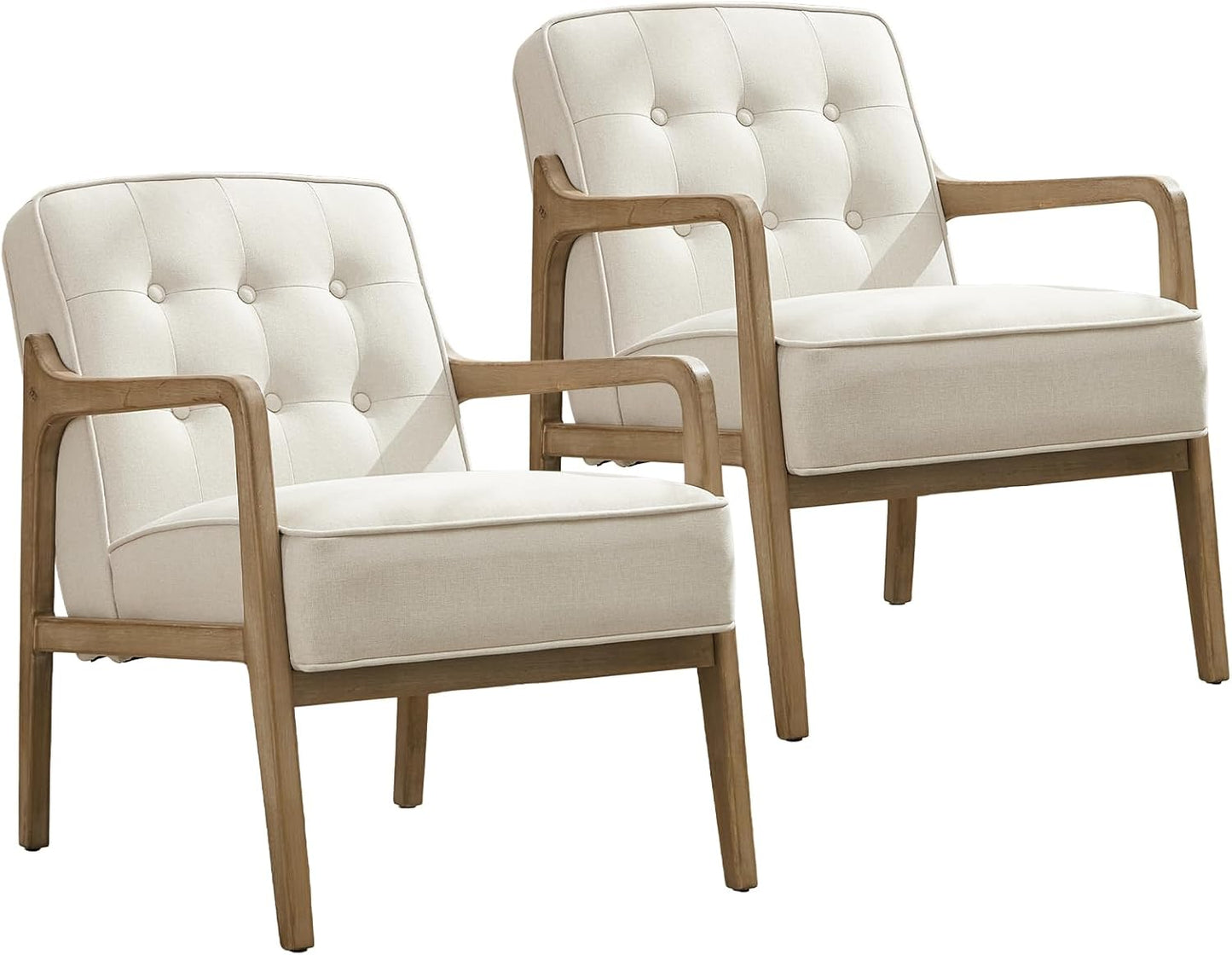 Linen Accent Chair Set of 2, Mid Century Modern Chair for Living Room, Upholstered Comfy Lounge Armchair with Solid Wood Frame, Reading Side Chair for Bedroom,105°Ergonomic Comfort, White