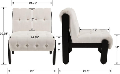 Modern Armless Accent Chair Set of 2 for Living Room, Beige Chenille Button Tufted Upholstered Lounge Reading Chair with Black Wood Frame