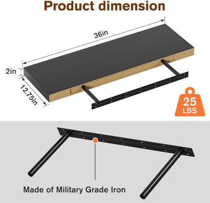 Floating Shelf, Set of 2 Wall Shelf, 36 in W x 12.75 in D x 2 in H Wooden Floating Wall Shelf with Invisible Brackets for Living Room/Bedroom/Bathroom/Kitchen Storage and Decor, Black