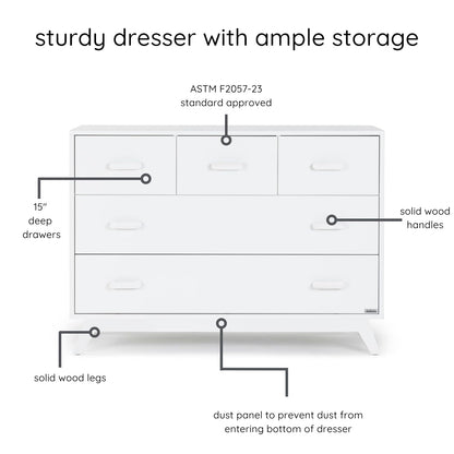 dadada Soho 5-Drawer Dresser for Nursery and Bedroom - Modern Design, Large Storage, Baby-Safe Finish, Soft Close Drawers, Anti-Tip Safety, Sturdy Legs & Solid Wood Handles, 47” Wide (White)