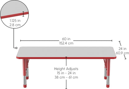 FDP Rectangle Activity School and Classroom Kids Table (24 x 60 inch), Chunky Toddler Legs, Adjustable Height 15-24 inches - Gray Top and Red Edge