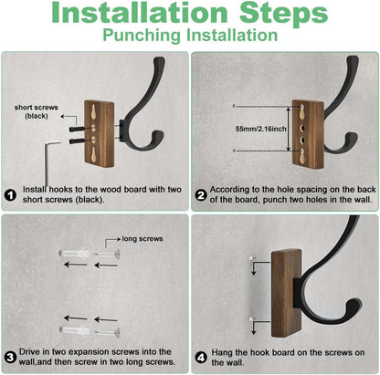 Wood Wall Hooks for Hanging - 4 Pack Hooks Wall Mounted, Wooden Rustic Farmhouse Heavy Duty Towel Hooks, Hooks for Coats, Towel, Hat, Keys, Purse, Bag and Robe