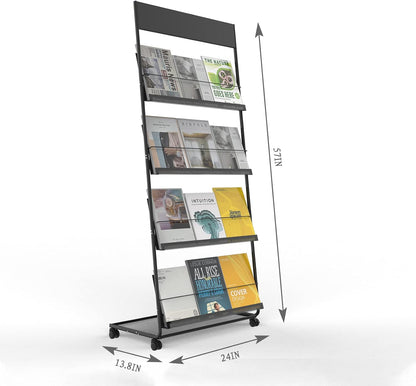 TONGMO Magazine Rack: Floor-Standing 4-Layer with Wheels, Brochure Display Stand, High-hardness metal for Exhibitions, Office, and Any Organization Requiring Information Display(Black)