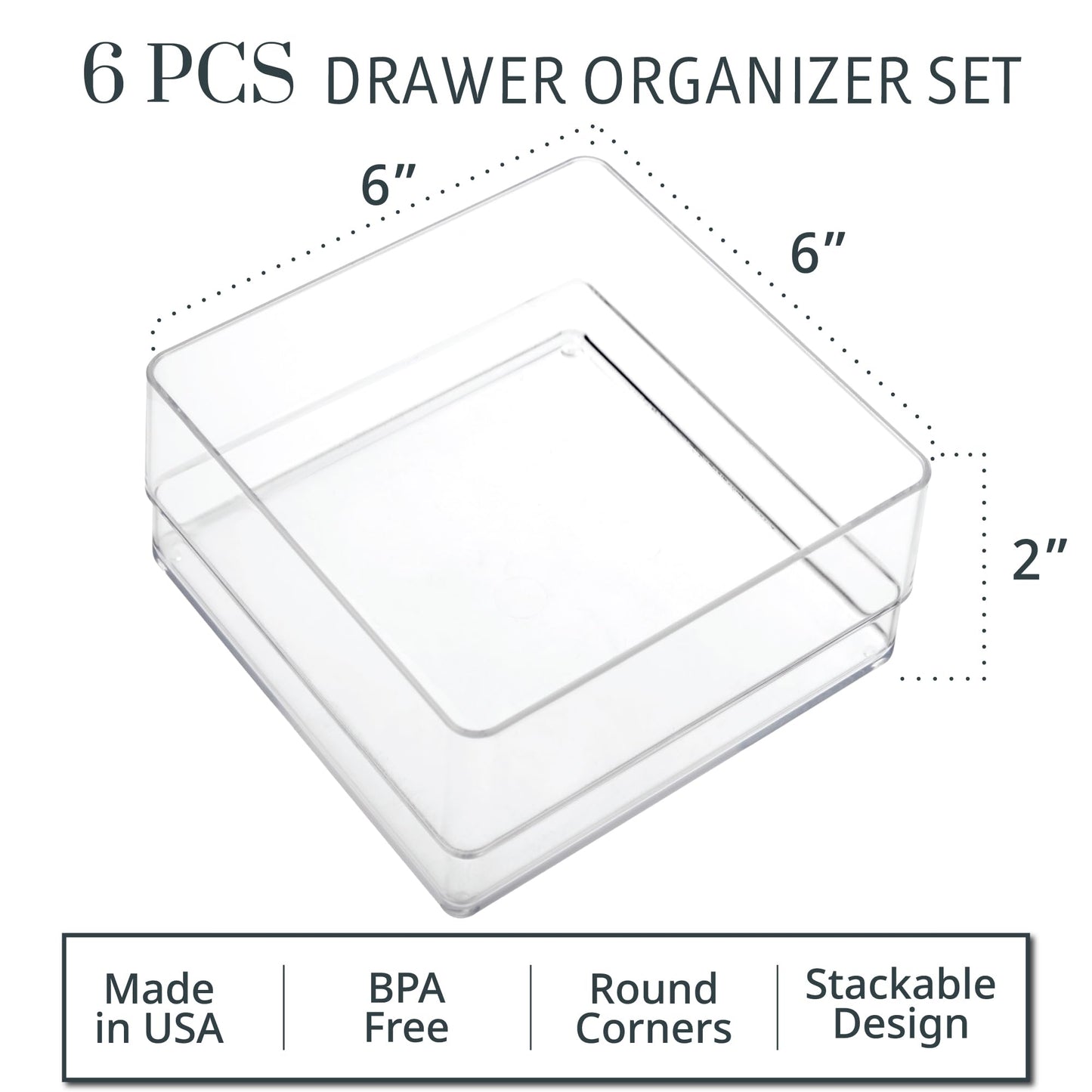 STORi SimpleSort 6-Piece Stackable Clear Drawer Organizer Set | 6" x 6" x 2" Square Trays | Small