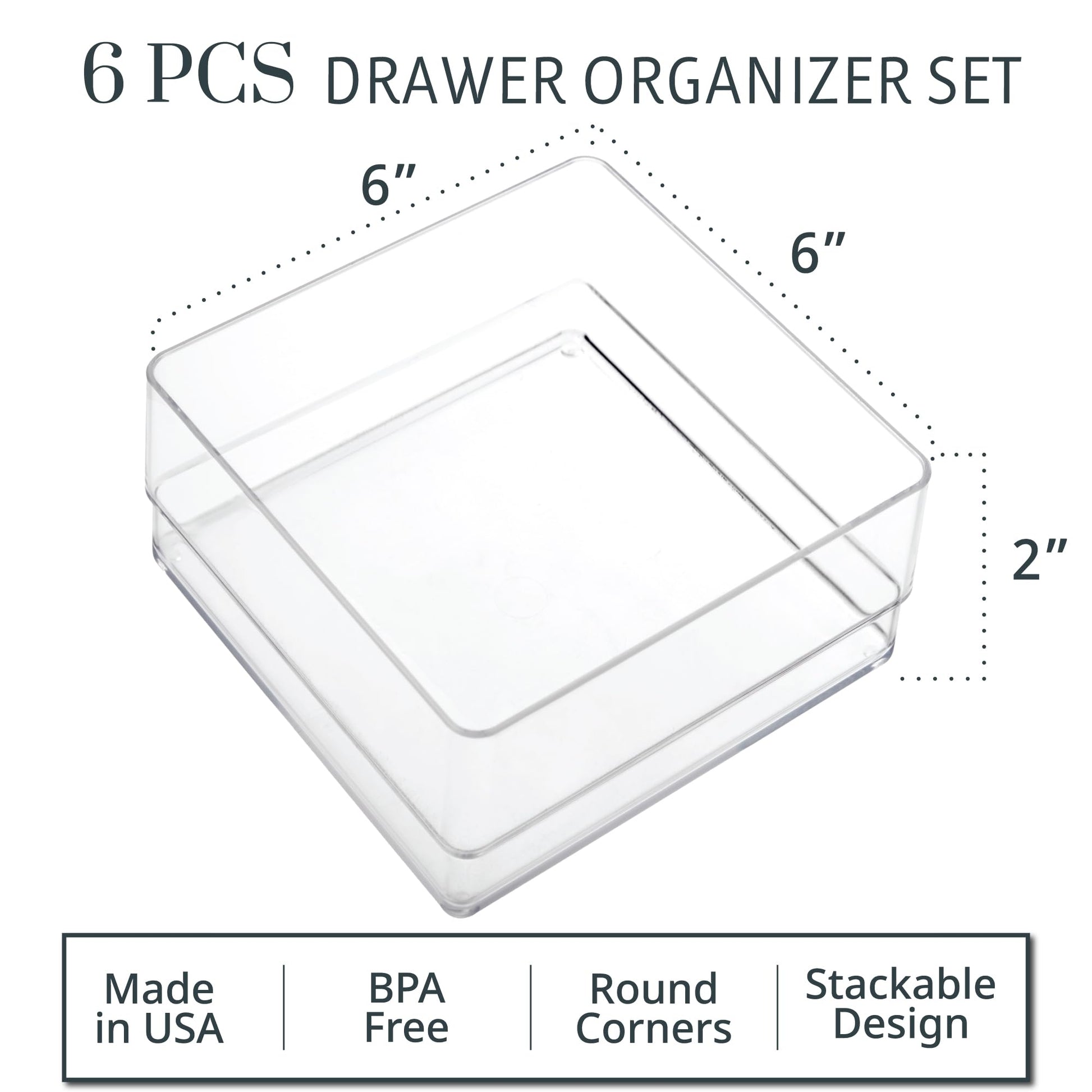STORi SimpleSort 6-Piece Stackable Clear Drawer Organizer Set | 6" x 6" x 2" Square Trays | Small