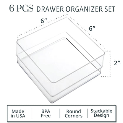 STORi SimpleSort 6-Piece Stackable Clear Drawer Organizer Set | 6" x 6" x 2" Square Trays | Small
